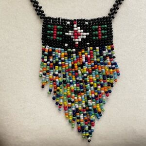 Vintage Native American Beaded Fringe Necklace, Handcrafted, Tribal Boho, Fest